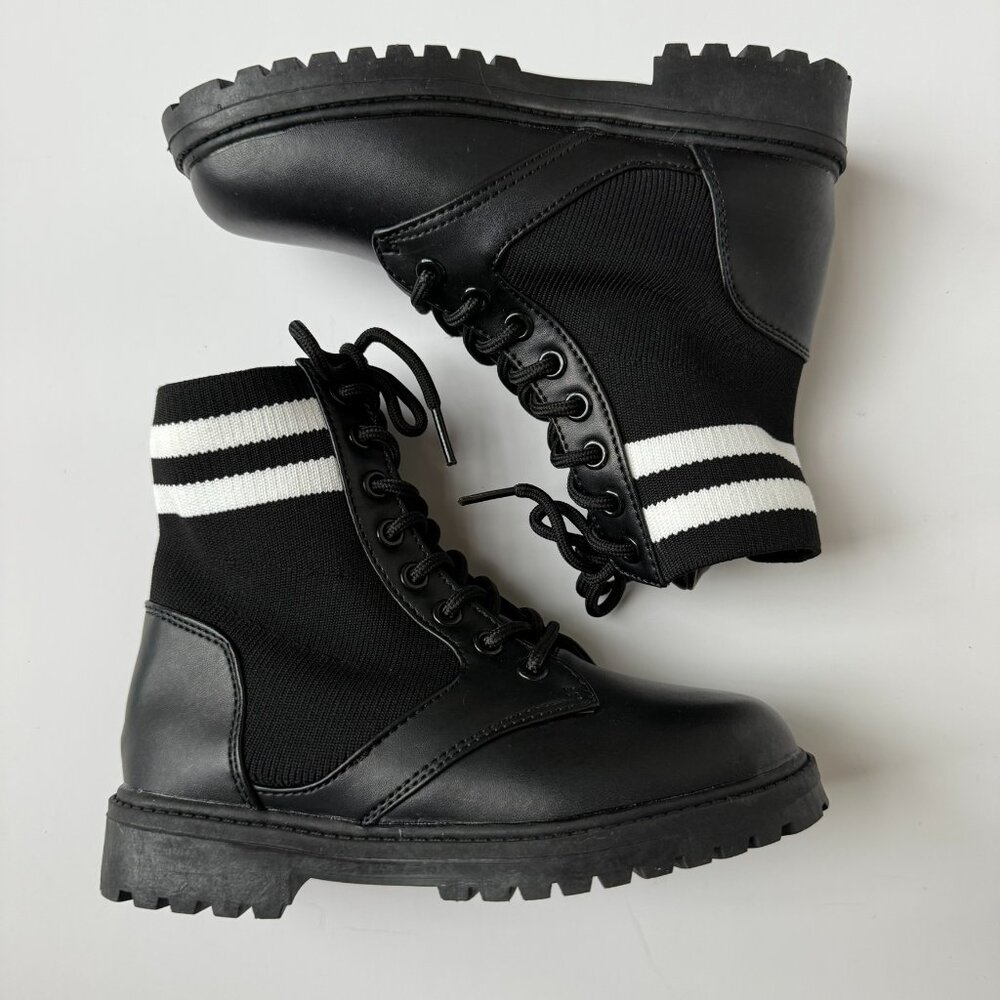 Black Combat Boots Size 13 | Stripe Knit Collar Lace-Up | NWOT - Picture 3 of 7
